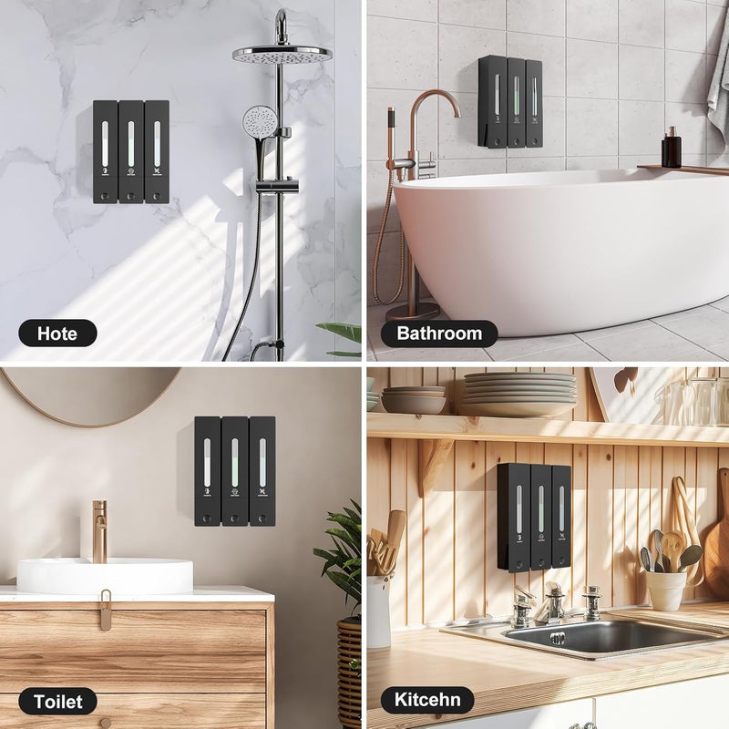 Aeakey Shampoo and Conditioner Dispenser - Wall-Mounted 3-Chamber Shower Soap Dispenser, No-Drill, 1200ML Capacity, for Bathroom & Hotel - Image 3